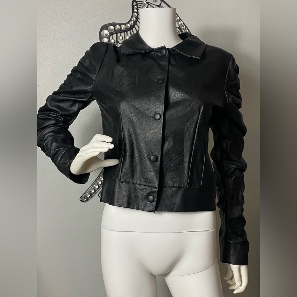 Venti6 Faux Leather Jacket with Buttons and Ruffled Sleeves, Size L